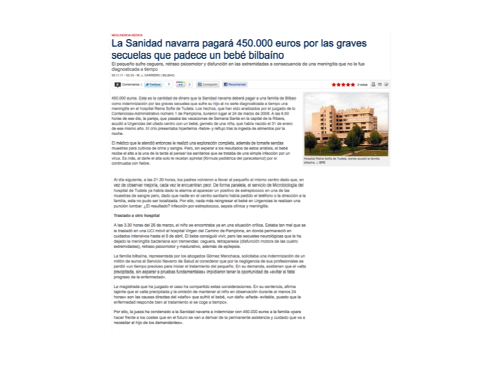 Una familía bilbaína representada por lo abogados Gómez Menchaca será indemnizada por la Sanidad Navarra Una familía bilbaína representada por lo abogados Gómez Menchaca será indemnizada por la Sanidad Navarra